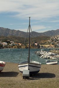 Preview wallpaper boat, mast, bay, mountains