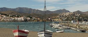 Preview wallpaper boat, mast, bay, mountains