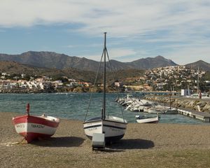 Preview wallpaper boat, mast, bay, mountains