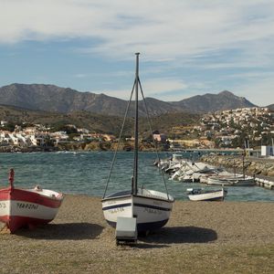 Preview wallpaper boat, mast, bay, mountains