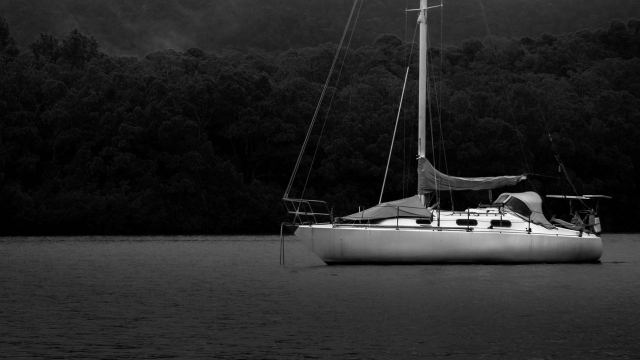 Wallpaper boat, mast, lake, trees, black and white