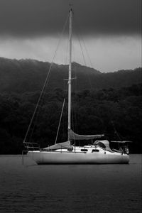 Preview wallpaper boat, mast, lake, trees, black and white