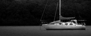 Preview wallpaper boat, mast, lake, trees, black and white