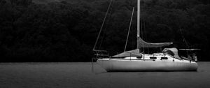 Preview wallpaper boat, mast, lake, trees, black and white