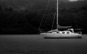 Preview wallpaper boat, mast, lake, trees, black and white