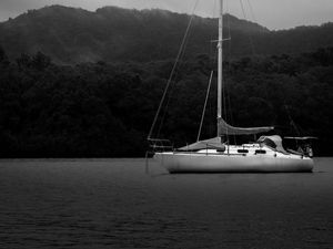 Preview wallpaper boat, mast, lake, trees, black and white