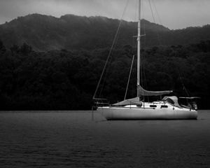 Preview wallpaper boat, mast, lake, trees, black and white