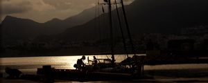 Preview wallpaper boat, mast, lake, mountains, dark