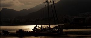 Preview wallpaper boat, mast, lake, mountains, dark