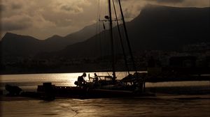 Preview wallpaper boat, mast, lake, mountains, dark