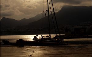 Preview wallpaper boat, mast, lake, mountains, dark