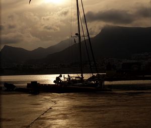 Preview wallpaper boat, mast, lake, mountains, dark