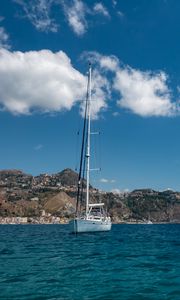 Preview wallpaper boat, mast, sea, mountains