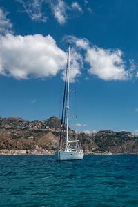 Preview wallpaper boat, mast, sea, mountains