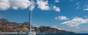 Preview wallpaper boat, mast, sea, mountains