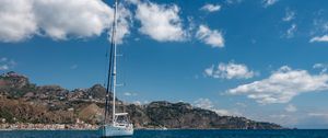 Preview wallpaper boat, mast, sea, mountains