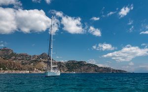 Preview wallpaper boat, mast, sea, mountains