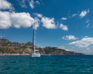 Preview wallpaper boat, mast, sea, mountains