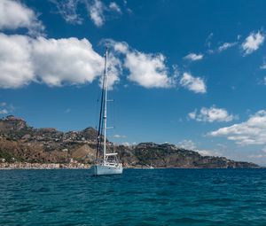 Preview wallpaper boat, mast, sea, mountains