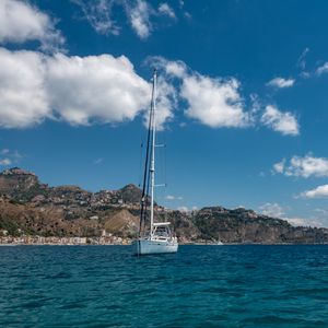 Preview wallpaper boat, mast, sea, mountains