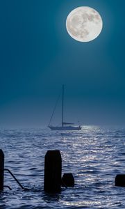 Preview wallpaper boat, mast, sea, moon, pilings, night