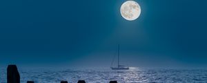 Preview wallpaper boat, mast, sea, moon, pilings, night