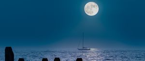 Preview wallpaper boat, mast, sea, moon, pilings, night