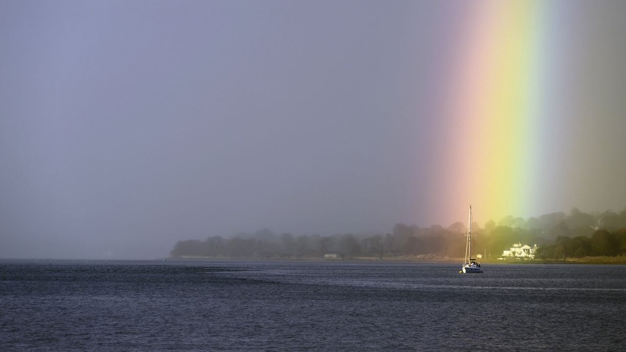 Wallpaper boat, mast, sea, rainbow
