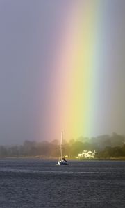 Preview wallpaper boat, mast, sea, rainbow