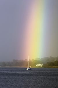 Preview wallpaper boat, mast, sea, rainbow