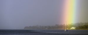 Preview wallpaper boat, mast, sea, rainbow