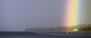 Preview wallpaper boat, mast, sea, rainbow