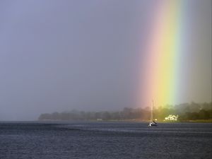 Preview wallpaper boat, mast, sea, rainbow