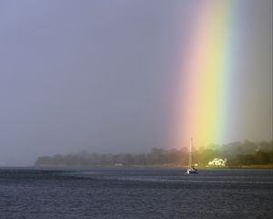 Preview wallpaper boat, mast, sea, rainbow