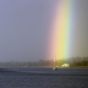 Preview wallpaper boat, mast, sea, rainbow