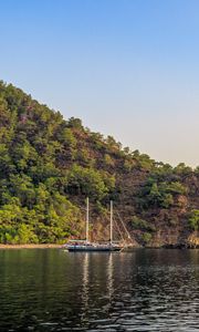 Preview wallpaper boat, masts, lake, hill, trees