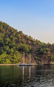 Preview wallpaper boat, masts, lake, hill, trees
