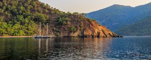 Preview wallpaper boat, masts, lake, hill, trees