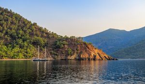 Preview wallpaper boat, masts, lake, hill, trees