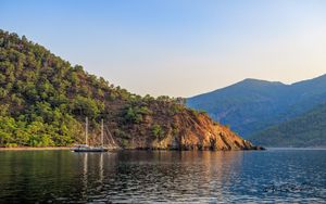 Preview wallpaper boat, masts, lake, hill, trees