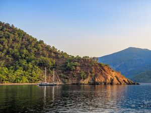 Preview wallpaper boat, masts, lake, hill, trees