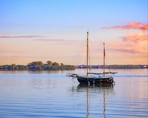 Preview wallpaper boat, masts, lake, trees