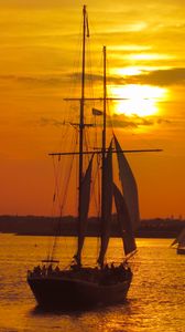 Preview wallpaper boat, masts, sails, sea, sunset