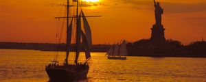 Preview wallpaper boat, masts, sails, sea, sunset