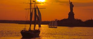 Preview wallpaper boat, masts, sails, sea, sunset