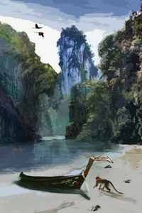 Preview wallpaper boat, monkey, beach, tropics, art