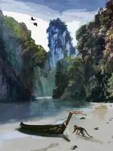 Preview wallpaper boat, monkey, beach, tropics, art