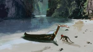 Preview wallpaper boat, monkey, beach, tropics, art