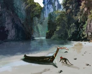 Preview wallpaper boat, monkey, beach, tropics, art