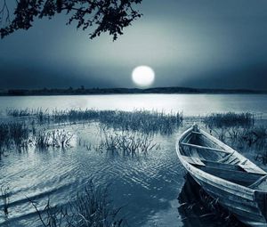 Preview wallpaper boat, moon, disk, light, darkness, grass, inclination, reservoir